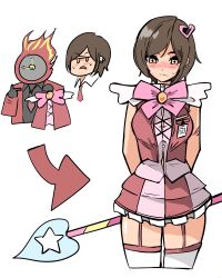 Rule 34 | 1girl, 1other, absurdres, bow, bowtie, brown hair, collared shirt, dante (limbus company), e.g.o (project moon), highres, lclca, limbus company, magical girl, multiple views, outis (project moon), pink bow, pink bowtie, pink skirt, pink vest, project moon, queen of hatred, shirt, short hair, simple background, skirt, sweat, thighhighs, vest, white background, white shirt, white thighhighs
