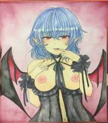 Rule 34 | 1girl, babydoll, bat wings, black babydoll, black ribbon, black wrist cuffs, blue hair, breasts, breasts out, collarbone, commentary request, criss-cross halter, fangs, finger to mouth, fingernails, frilled babydoll, frilled wrist cuffs, frills, halterneck, hand on own chest, highres, large breasts, looking at viewer, narrowed eyes, navel, nipples, open mouth, photo (medium), pointy ears, red eyes, red nails, remilia scarlet, ribbon, shikishi, short hair, slit pupils, solo, touhou, traditional media, upper body, washiwa, wings, wrist cuffs