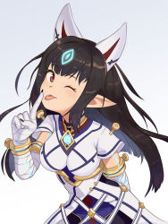 Rule 34 | 1girl, bandages, barleyshake, black hair, highres, kasandra (xenoblade), long hair, pointy ears, red eyes, simple background, solo, tongue, tongue out, white background, xenoblade chronicles (series), xenoblade chronicles 2
