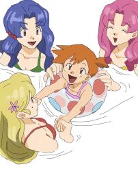 Rule 34 | 4girls, arms up, bare arms, blonde hair, blue hair, closed mouth, creatures (company), daisy (pokemon), eyelashes, game freak, green eyes, hair tie, lily (pokemon), lily (pokemon classic anime), long hair, misty (pokemon), multiple girls, nashubi (to infinity wow), nintendo, open mouth, orange hair, pink hair, pokemon, pokemon (anime), pokemon (classic anime), purple eyes, shirt, short hair, shorts, siblings, sisters, sleeveless, sleeveless shirt, smile, suspenders, violet (pokemon), white background, yellow shirt