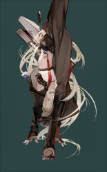 Rule 34 | 1girl, backflip, baton (weapon), boots, dark background, fingerless gloves, fp-6 (girls&#039; frontline), girls&#039; frontline, gloves, handstand, holster, long hair, looking at viewer, name tag, nineo, pouch, shield module, solo, suspenders, upside-down, very long hair, weapon