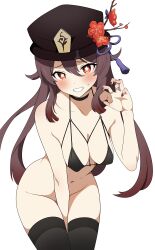 Rule 34 | 1girl, absurdres, alternate breast size, between legs, black choker, black thighhighs, breasts, brown hair, choker, claw pose, cleavage, coro fae, flower, flower-shaped pupils, genshin impact, grin, hair between eyes, hand between legs, hat, hat flower, highres, hu tao (genshin impact), long hair, looking at viewer, medium breasts, no panties, red eyes, simple background, smile, solo, symbol-shaped pupils, thighhighs, white background