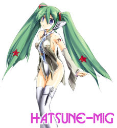 Rule 34 | 1girl, bad id, bad pixiv id, bottomless, breasts, detached sleeves, green hair, hatsune miku, long hair, mecha musume, mig-29, military, necktie, pun, revealing clothes, sideboob, solo, thighhighs, twintails, very long hair, vocaloid