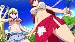 Rule 34 | 2girls, bikini, blonde hair, breasts, brown eyes, cleavage, erza scarlet, fairy tail, female focus, highres, large breasts, long hair, lucy heartfilia, multiple girls, navel, ponytail, red hair, stitched, swimsuit, tattoo, third-party edit, underboob
