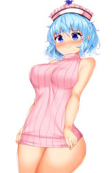 Rule 34 | 1girl, adapted costume, bare arms, bare shoulders, blue eyes, blue hair, blush, breasts, commentary request, cowboy shot, daichi (tokoya), highres, large breasts, merlin prismriver, no pants, nose blush, pink headwear, pink sweater, ribbed sweater, short hair, simple background, sleeveless, sleeveless turtleneck, smile, solo, standing, sweat, sweater, thighs, touhou, turtleneck, turtleneck sweater, white background