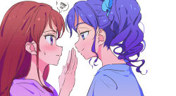 Rule 34 | 2girls, aikatsu!, aikatsu! (series), blue eyes, blue hair, blue scrunchie, blue shirt, blush, closed mouth, commentary request, eye contact, face-to-face, from side, hair ornament, hair scrunchie, half-closed eyes, hands up, highres, kiriya aoi, long hair, looking at another, multiple girls, ponytail, profile, purple shirt, red hair, scrunchie, shibuki ran, shirt, side ponytail, simple background, smile, sweatdrop, upper body, white background, yamamura saki
