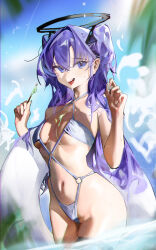 Rule 34 | 1girl, absurdres, blue archive, blue eyes, blush, breasts, day, fangs, food, hair between eyes, halo, highres, holding, holding swim ring, innertube, long hair, looking at viewer, medium breasts, melting, o-ring, o-ring swimsuit, open mouth, outdoors, popsicle, purple hair, renn 01, seashell, shell, solo, swim ring, swimsuit, two side up, very long hair, water, wet, yuuka (blue archive)
