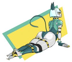 Rule 34 | 1girl, android, ass, bob cut, cat girl, drawfag, fingerless gloves, from behind, gloves, looking at viewer, looking back, lying, on stomach, robo-fortune, robot, robot girl, short hair, skullgirls, smile, solo, tail, thick thighs, thighs, yellow eyes