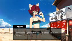 Rule 34 | 1girl, aeiou (yoako), ahoge, animal ears, animal nose, beach, bikini, black-framed eyewear, blue bikini, blue nails, blue sky, body fur, border, bracelet, breasts, cat ears, cat tail, cleavage, day, eating, english text, fingernails, food, furry, furry female, glasses, green eyes, hair ornament, hairclip, highres, holding, jewelry, jupiter symbol, layered bikini, looking at viewer, multicolored hair, multicolored nails, nail polish, navel, necklace, original, outdoors, pawpads, pinky out, popsicle, red hair, sharp teeth, short hair, sky, small breasts, solo, standing, streaked hair, swimsuit, tail, teeth, watermelon bar, x hair ornament, yoako
