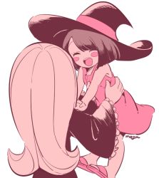 Rule 34 | 2girls, :d, aged down, blush stickers, child, closed eyes, hat, kagari atsuko, lifting person, little witch academia, long hair, majo shuukai de aimashou, multiple girls, open mouth, short hair, smile, sucy manbavaran, tama (tm suac), time paradox, white background, wide sleeves, witch hat