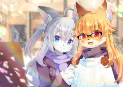 Rule 34 | 2girls, :d, ahoge, animal ear fluff, animal ears, aran sweater, black-framed eyewear, black jacket, blonde hair, blue eyes, blurry, blurry background, blush, cable knit, closed mouth, commentary request, depth of field, drawstring, fangs, furry, furry female, glasses, hair between eyes, hair bobbles, hair ornament, holding, holding clothes, hood, hood down, hoodie, indoors, jacket, kou hiyoyo, long hair, long sleeves, multiple girls, one side up, open mouth, original, over-rim eyewear, red eyes, ribbed sweater, semi-rimless eyewear, silver hair, sleeves past wrists, smile, sweater, turtleneck, turtleneck sweater, upper body, very long hair, white hoodie, white sweater