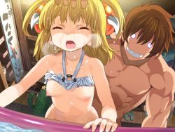 Rule 34 | 1boy, 1girl, asphyxiation, blonde hair, bottomless, breasts, brown hair, drowning, evil smile, closed eyes, forced, hair ornament, hand on head, head grab, heavy breathing, hetero, muscular, nipples, o-ring, o-ring top, open mouth, patricia friday, patty the summer, rance, rance (series), rance 01, rape, sex, short hair, small breasts, smile, two side up, water, wet
