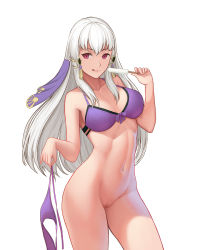 Rule 34 | 1girl, :q, bikini, bikini bottom only, unworn bikini bottom, blush, breasts, censored, closed mouth, collarbone, dakkalot, fire emblem, fire emblem: three houses, food, hair between eyes, hair ornament, holding, holding bikini, holding bikini bottom, holding clothes, holding swimsuit, large breasts, lips, long hair, lysithea von ordelia, mosaic censoring, navel, nintendo, popsicle, purple bikini, pussy, side-tie bikini bottom, simple background, smile, solo, standing, swimsuit, thighs, tongue, tongue out, white background, white hair