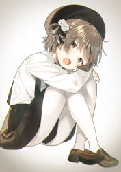Rule 34 | 1girl, beret, black hat, black ribbon, black skirt, blush, brown eyes, brown footwear, brown hair, clothes between thighs, collared shirt, commentary request, fang, flower, full body, hair flower, hair ornament, hair rings, hat, hatoba tsugu, head tilt, hugging own legs, loafers, midorikawa you, open mouth, pantyhose, pleated skirt, ribbon, rose, shirt, shoes, sitting, skirt, solo, suspender skirt, suspenders, virtual youtuber, white flower, white pantyhose, white rose, white shirt