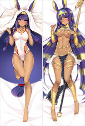 Rule 34 | 1girl, animal ears, bakugadou, bare arms, bare legs, barefoot, bed sheet, blush, breasts, cameltoe, cleft of venus, closed mouth, competition swimsuit, cosplay, covered navel, dakimakura (medium), dark-skinned female, dark skin, earrings, egyptian clothes, facial mark, fate/grand order, fate (series), full body, gluteal fold, groin, hair between eyes, hair tubes, hairband, hand on own chest, hoop earrings, jackal ears, jewelry, knees together feet apart, long hair, looking at viewer, low-tied long hair, lying, medium breasts, medjed (fate), medjed (fate) (cosplay), multicolored hair, multiple views, navel, necklace, nitocris (fate), nitocris (fate/grand order), nitocris (swimsuit assassin) (fate), nitocris (swimsuit assassin) (second ascension) (fate), nitocris (third ascension) (fate), on back, one-piece swimsuit, pelvic curtain, purple eyes, smile, staff, swimsuit, thigh gap, two-tone hair, very long hair, white one-piece swimsuit