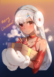 Rule 34 | 1girl, absurdres, altera (fate), altera the santa (fate), artist name, bare shoulders, blush, box, christmas, closed mouth, collarbone, commentary request, dark-skinned female, dark skin, detached sleeves, dress, earmuffs, fate/grand order, fate (series), gift, gift box, head tilt, highres, holding, holding gift, long hair, looking at viewer, merry christmas, misaka76, mittens, red dress, red eyes, sketch, sleeveless, sleeveless dress, smile, solo, veil, white hair, white mittens