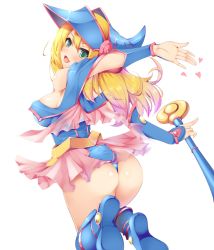 Rule 34 | 1girl, ass, blonde hair, blush, boots, breasts, dark magician girl, female focus, green eyes, hat, heart, highres, long hair, looking back, nksk, open mouth, sideboob, simple background, solo, staff, wedgie, wizard hat, yu-gi-oh!