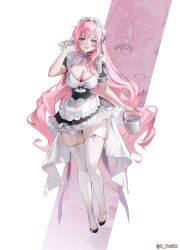 1girl absurdres alternate_costume black_footwear breasts bucket cleavage commentary dorothy_(nikke) dress english_commentary full_body garter_straps goddess_of_victory:_nikke hair_intakes highres holding holding_bucket holding_towel ice large_breasts long_hair looking_at_viewer maid maid_headdress pink_hair purple_eyes smile solo standing thighhighs towel uyuri_(89976220) very_long_hair white_thighhighs