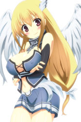 Rule 34 | 1girl, angel wings, astraea (sora no otoshimono), bad id, bad pixiv id, blonde hair, blush, breast hold, breasts, byakuya mika, chain, cleavage, collar, crossed arms, large breasts, legs, long hair, looking at viewer, midriff, mikami byakuya, miniskirt, navel, red eyes, skirt, solo, sora no otoshimono, thighs, white background, wings