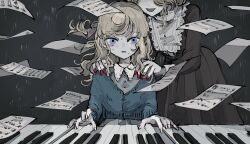 Rule 34 | 2girls, blonde hair, blue eyes, cardigan, child, dress, grey background, hands on another&#039;s shoulders, head out of frame, highres, instrument, long hair, multiple girls, music, nail polish, original, parted lips, piano, playing instrument, playing piano, red nails, satou uzura, sheet music, smile, straight-on, sweat, wavy hair