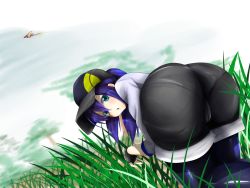 Rule 34 | 10s, 1girl, all fours, alternate color, aqua eyes, artist request, ass, baseball cap, blue hair, blush, cameltoe, creatures (company), female protagonist (pokemon go), fingerless gloves, from behind, game freak, gloves, grass, hat, huge ass, leggings, long hair, looking at viewer, nintendo, open mouth, pantylines, parted lips, pokemon, pokemon go, shiny clothes, short shorts, shorts, solo, twintails