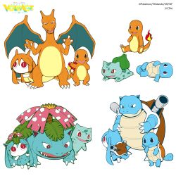 Rule 34 | 1girl, aimaina, blastoise, blastoise (cosplay), blue dress, blue hair, bulbasaur, charizard, charizard (cosplay), charmander, claws, clothes writing, colored skin, cosplay, creatures (company), dress, fangs, flame-tipped tail, flower, flower on head, game freak, gen 1 pokemon, green dress, green hair, highres, looking to the side, lying, nintendo, official art, on side, on stomach, open mouth, orange dress, orange hair, pinocchio-p, pocket no monster (vocaloid), pokemon, pokemon (creature), pokemon ears, project voltage, red eyes, sitting, sleeveless, sleeveless dress, smile, squirtle, starter pokemon trio, tail, turtle shell, twintails, venusaur, venusaur (cosplay), vocaloid, white skin