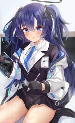 Rule 34 | 1girl, :o, black footwear, black skirt, blue archive, blue eyes, blue hair, blue necktie, blush, boots, collared shirt, hair between eyes, hair ornament, halo, highres, holding, holding stylus, holding tablet pc, id card, indoors, jacket, kneeling, long hair, long sleeves, looking at viewer, necktie, parted lips, pleated skirt, shirt, skirt, solo, stylus, tablet pc, toratora (nanahaba), two side up, white jacket, yuuka (blue archive)