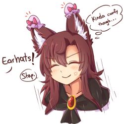 Rule 34 | 1girl, ^ ^, anger vein, animal ear fluff, animal ears, blush, bow, brooch, brown hair, closed eyes, collarbone, commentary, cropped shoulders, english commentary, foul detective satori, hair between eyes, hat, hat bow, imaizumi kagerou, jewelry, long hair, mini hat, mob cap, pink hat, portrait, red bow, sidelocks, smile, solo, speech bubble, thought bubble, touhou, v-shaped eyebrows, wolf ears, wool (miwol)