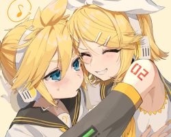 Rule 34 | 1boy, 1girl, armpits, ascot, bare shoulders, bass clef, blonde hair, blue eyes, blush, bow, cheek-to-cheek, detached sleeves, eighth note, flat chest, grin, hair bow, hair ornament, hairclip, happy, headphones, heads together, headset, highres, hug, kagamine len, kagamine rin, monaka age, musical note, nail polish, necktie, number tattoo, parted lips, sailor collar, sailor shirt, shirt, shoulder tattoo, sleeveless, sleeveless shirt, smile, speech bubble, spoken musical note, sweatdrop, tattoo, treble clef, v-shaped eyebrows, vocaloid, white bow, yellow ascot, yellow nails, yellow necktie