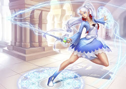Rule 34 | 1girl, blue eyes, cropped jacket, female focus, fighting stance, full body, high collar, long hair, magic circle, ponytail, rapier, rwby, sash, skirt, solo, sword, very long hair, weapon, weiss schnee, white hair, zola chen
