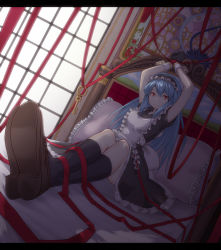 Rule 34 | 1girl, arms up, bdsm, bed, black socks, blue hair, bondage, bound, bound wrists, crossed legs, dark, dutch angle, foreshortening, highres, key, kneehighs, letterboxed, loafers, long hair, maid, noraico, on bed, original, red eyes, red ribbon, ribbon, shoe soles, shoes, sitting, socks, solo, wrist cuffs