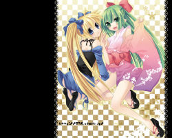 Rule 34 | 2girls, :d, blonde hair, blue eyes, blush, checkered background, detached sleeves, from behind, green eyes, green hair, japanese clothes, kimono, long hair, long sleeves, looking back, multiple girls, open mouth, original, sazaki ichiri, simple background, smile, very long hair, wide sleeves