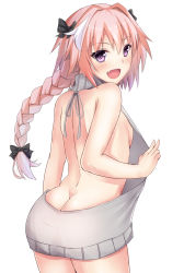 Rule 34 | 1boy, :d, akazawa kureha, androgynous, arm at side, ass, astolfo (fate), back, backless dress, backless outfit, bare arms, bare back, bare shoulders, black bow, bow, braid, braided ponytail, breasts, butt crack, cowboy shot, dress, fang, fate/apocrypha, fate/grand order, fate (series), fingernails, from behind, grey dress, grey sweater, hair between eyes, hair bow, hair intakes, halterneck, hand up, highres, legs together, long hair, looking at viewer, looking back, male focus, meme attire, multicolored hair, naked sweater, no bra, no panties, open mouth, pink hair, purple eyes, ribbed sweater, shoulder blades, sideboob, simple background, single braid, sleeveless, sleeveless turtleneck, small breasts, smile, solo, streaked hair, sweater, sweater dress, trap, turtleneck, turtleneck sweater, v, virgin killer sweater, white background, white hair