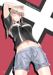 Rule 34 | 1girl, absurdres, alternate costume, arm up, artist name, black shirt, blonde hair, blue eyes, blue shorts, blush, breasts, casual, character name, copyright name, cowboy shot, cross, english text, graf zeppelin (kancolle), hair between eyes, highres, kantai collection, long hair, looking at viewer, medium breasts, misono chiaki, multicolored background, navel, open mouth, shirt, short sleeves, shorts, sidelocks, smile, solo, twintails