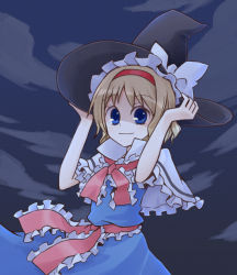Rule 34 | 1girl, alice margatroid, black hat, blonde hair, blue eyes, borrowed clothes, capelet, cowboy shot, female focus, hairband, hands on headwear, hat, headwear switch, kamoi hayato, light smile, night, short hair, solo, touhou, witch hat