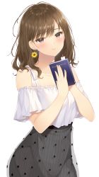 Rule 34 | 1girl, bad id, bad pixiv id, bare shoulders, blush, book, bookmark, brown eyes, brown hair, closed mouth, collarbone, commentary request, earrings, flower, flower earrings, grey skirt, hair between eyes, hands up, highres, holding, holding book, jewelry, noda shuha, off-shoulder shirt, off shoulder, original, see-through, shirt, simple background, skirt, smile, solo, striped clothes, striped skirt, vertical-striped clothes, vertical-striped skirt, white background, white shirt, yellow flower