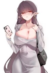 Rule 34 | 1girl, absurdres, artist name, bag, black hair, breasts, brown hair, cellphone, cleavage, collarbone, covered navel, dolechan, dongtan dress, dress, earrings, fingernails, grey dress, handbag, highres, holding, holding bag, holding phone, jewelry, large breasts, long hair, looking at viewer, meme attire, mole, mole on breast, nail polish, original, phone, pointy ears, red eyes, ring, simple background, solo, straight hair, taut clothes, taut dress, very long hair, white background