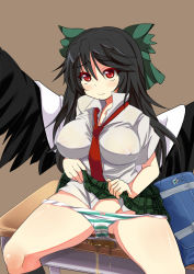 Rule 34 | 1girl, adapted costume, bag, black hair, bow, bow panties, breasts, cirno, clothes lift, comord, covered erect nipples, desk, female focus, large breasts, long hair, necktie, nipples, no bra, panties, panty pull, pee, peeing, peeing self, plaid, plaid skirt, public indecency, purposeful wetting, red eyes, red necktie, reiuji utsuho, school bag, school uniform, see-through, sitting, skirt, skirt lift, solo, spread legs, striped clothes, striped panties, thighs, touhou, underwear, wet, wet clothes, wet panties, wings
