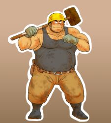 Rule 34 | 1boy, artist request, bara, beard stubble, belly, black tank top, blush, construction worker, covered erect nipples, dirty, dirty clothes, dirty face, facial hair, fat, fat man, full body, gloves, hammer, hard hat, helmet, holding, holding hammer, looking at viewer, male focus, mature male, muscular, muscular male, original, outline, pants, pectoral cleavage, pectorals, sanpaku, short hair, sidepec, smile, solo, standing, strongman waist, stubble, tank top, thick eyebrows, white outline