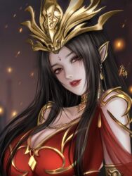 Rule 34 | 1girl, artist request, breasts, brown hair, cai lin (doupo cangqiong), chain, collar, doupo cangqiong, dress, earrings, embers, facial mark, forehead mark, gold chain, highres, huge breasts, jewelry, long hair, looking at viewer, mature female, metal collar, parted lips, pointy ears, red dress, second-party source, solo, teeth, tiara