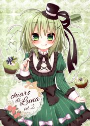 Rule 34 | 1girl, :p, bad id, bad pixiv id, black bow, black hat, black ribbon, blush, bow, closed mouth, commentary request, cover, cover page, cupcake, dress, food, fork, frilled shirt collar, frills, green dress, green eyes, green hair, hair between eyes, hair ornament, hair ribbon, hat, himetsuki luna, holding, holding fork, juliet sleeves, long sleeves, looking at viewer, macaron, mini hat, mini top hat, puffy sleeves, ribbon, smile, soga no tojiko, solo, striped clothes, striped dress, tongue, tongue out, top hat, touhou, vertical-striped clothes, vertical-striped dress, x hair ornament