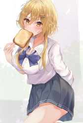 Rule 34 | 1girl, alternate costume, arm behind back, black skirt, blonde hair, blue bow, blue bowtie, blush, bow, bowtie, bread, bread slice, breasts, collared shirt, flower, food, food in mouth, genshin impact, hair flower, hair ornament, hairclip, highres, large breasts, long sleeves, looking at viewer, lumine (genshin impact), maruro, medium hair, mouth hold, shirt, shirt tucked in, skirt, solo, thighs, toast, toast in mouth, white shirt, yellow eyes