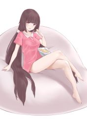 Rule 34 | 1girl, arm support, bad id, bad pixiv id, bag of chips, bare legs, barefoot, blunt bangs, breasts, brown hair, chips (food), collarbone, collared shirt, commentary request, fate/grand order, fate (series), food, hair ornament, head tilt, highres, holding, holding food, jilu, long hair, medium breasts, osakabehime (fate), pink shirt, pom pom (clothes), potato chips, red eyes, shirt, short sleeves, sitting, solo, very long hair, white background