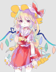 Rule 34 | 1girl, arm up, ascot, back bow, blonde hair, bow, closed mouth, cowboy shot, dot mouth, dot nose, flandre scarlet, frilled shirt collar, frilled skirt, frilled sleeves, frills, grey background, hair between eyes, hat, hiyuu (hiyualice), large bow, long hair, looking at viewer, mob cap, multicolored wings, one side up, puffy short sleeves, puffy sleeves, red ribbon, red skirt, red vest, ribbon, shirt, short sleeves, simple background, skirt, sleeve ribbon, solo, touhou, vest, white hat, white shirt, wings, wrist cuffs, yellow ascot, yellow bow