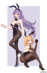 2girls absurdres animal_ears black_leotard blonde_hair bow bowtie breasts closed_mouth covered_navel detached_collar elbow_gloves fake_animal_ears fake_tail gloves high_heels highres legs leotard long_hair multiple_girls original pantyhose patent_heels playboy_bunny pumps rabbit_ears rabbit_tail red_soles shoes simple_background stiletto_heels strapless strapless_leotard tail wrist_cuffs xnnagu