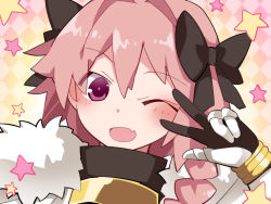 Rule 34 | 1boy, :d, astolfo (fate), blush, elbow gloves, fang, fate/apocrypha, fate (series), fur trim, gloves, gorget, hammer (sunset beach), male focus, one eye closed, open mouth, pink hair, purple eyes, skin fang, smile, solo, star (symbol), trap, upper body, w, w over eye