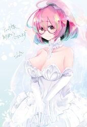 Rule 34 | 1girl, ahoge, alternate costume, bob cut, breasts, bridal gauntlets, bridal veil, brown eyes, commentary request, commission, dress, glasses, green hair, highres, jewelry, kantai collection, large breasts, looking at viewer, multicolored hair, pink-framed eyewear, ponytail, ring, round eyewear, semi-rimless eyewear, short hair, skeb commission, smile, streaked hair, tobari (seaetana), ume (kancolle), under-rim eyewear, veil, wedding dress, wedding ring