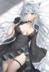 1girl ahoge animal_ear_fluff animal_ears arm_at_side bed_sheet black_choker black_dress black_gloves blue_archive blue_eyes blush breasts breasts_apart choker clenched_hand closed_mouth commentary cowboy_shot cross_hair_ornament curvy dress dutch_angle extra_ears eyelashes eyes_visible_through_hair frilled_sleeves frills gloves grey_hair hair_behind_ear hair_between_eyes hair_intakes hair_ornament hair_spread_out hand_up highres huge_ahoge large_breasts long_hair long_sleeves looking_at_viewer lying on_back oshage_(osyage921) shiroko_(blue_archive) shiroko_terror_(blue_archive) signature solo symbol-only_commentary thigh_strap thighs tsurime very_long_hair wide_sleeves wolf_ears