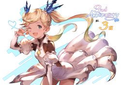 Rule 34 | 10s, 1girl, ;d, anniversary, blonde hair, blue eyes, blush, countdown, detached sleeves, dress, granblue fantasy, hair ornament, highres, io (granblue fantasy), juliet sleeves, long hair, long sleeves, looking at viewer, minaba hideo, official art, one eye closed, open mouth, puffy sleeves, short dress, simple background, smile, solo, twintails, v over eye, white background