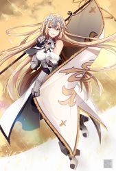 1girl armor armored_dress bare_shoulders blonde_hair blue_eyes breasts chain cleavage fate/apocrypha fate/grand_order fate_(series) faulds flag gauntlets headpiece jeanne_d&#039;arc_(fate) jeanne_d&#039;arc_(ruler)_(fate) jeanne_d&#039;arc_(third_ascension)_(fate) k-rumi long_hair looking_at_viewer open_mouth solo standard_bearer sunlight thighhighs very_long_hair